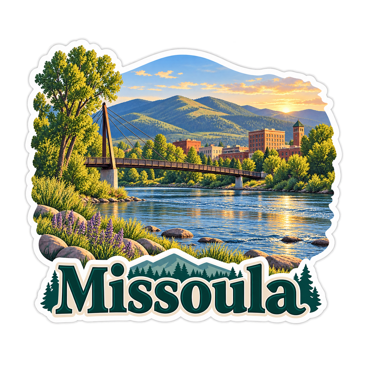 Missoula Mountain River Sunset Art Vinyl Decal Stickers