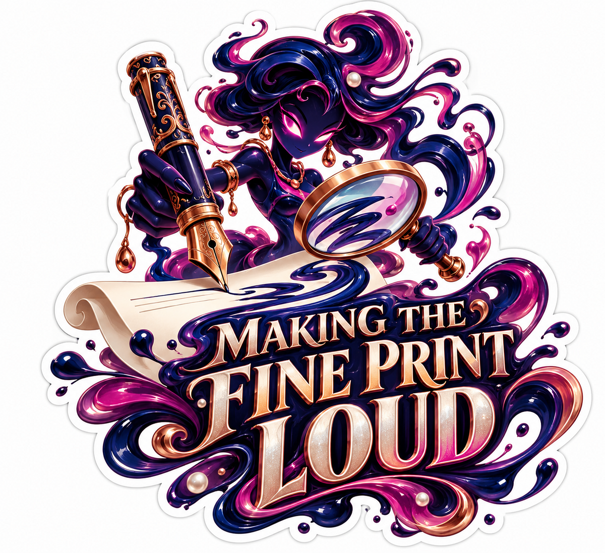Purple Ink Character with Pen and Magnifier Vinyl Decal Stickers