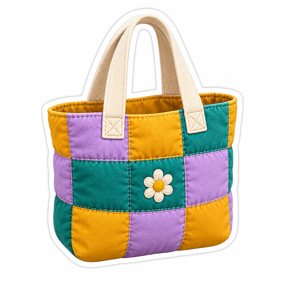 Purple Teal Gold Patchwork Tote with Daisy Vinyl Decal Stickers