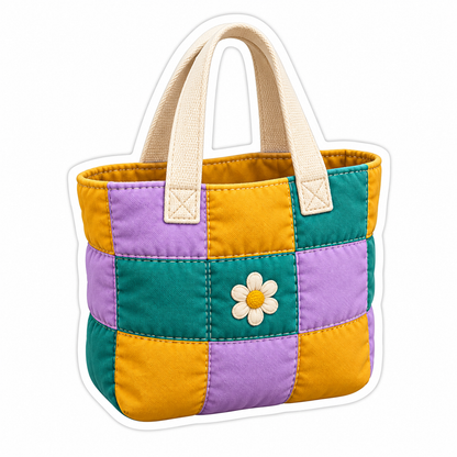 Purple Teal Gold Patchwork Tote with Daisy Vinyl Decal Stickers
