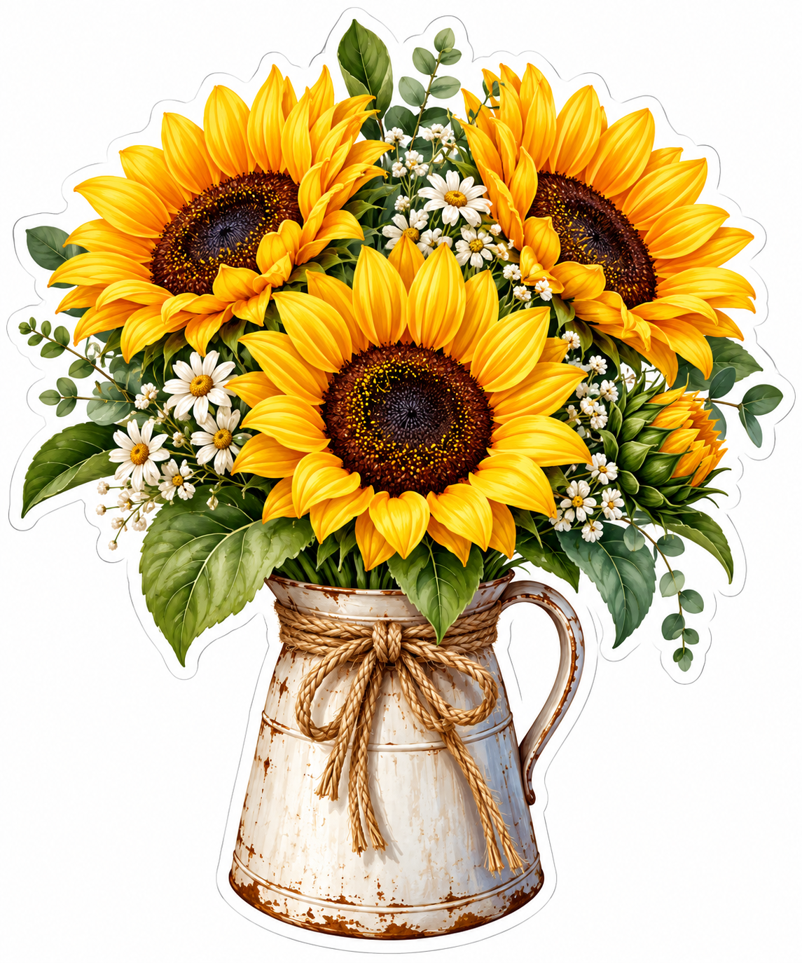 Sunflowers and Daisies in Rustic Pitcher Vinyl Decal Stickers
