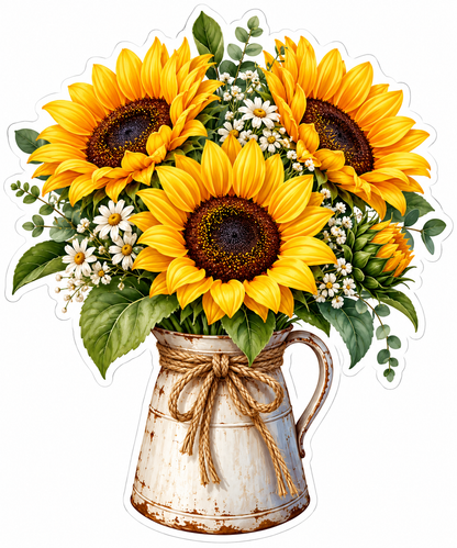 Sunflowers and Daisies in Rustic Pitcher Vinyl Decal Stickers