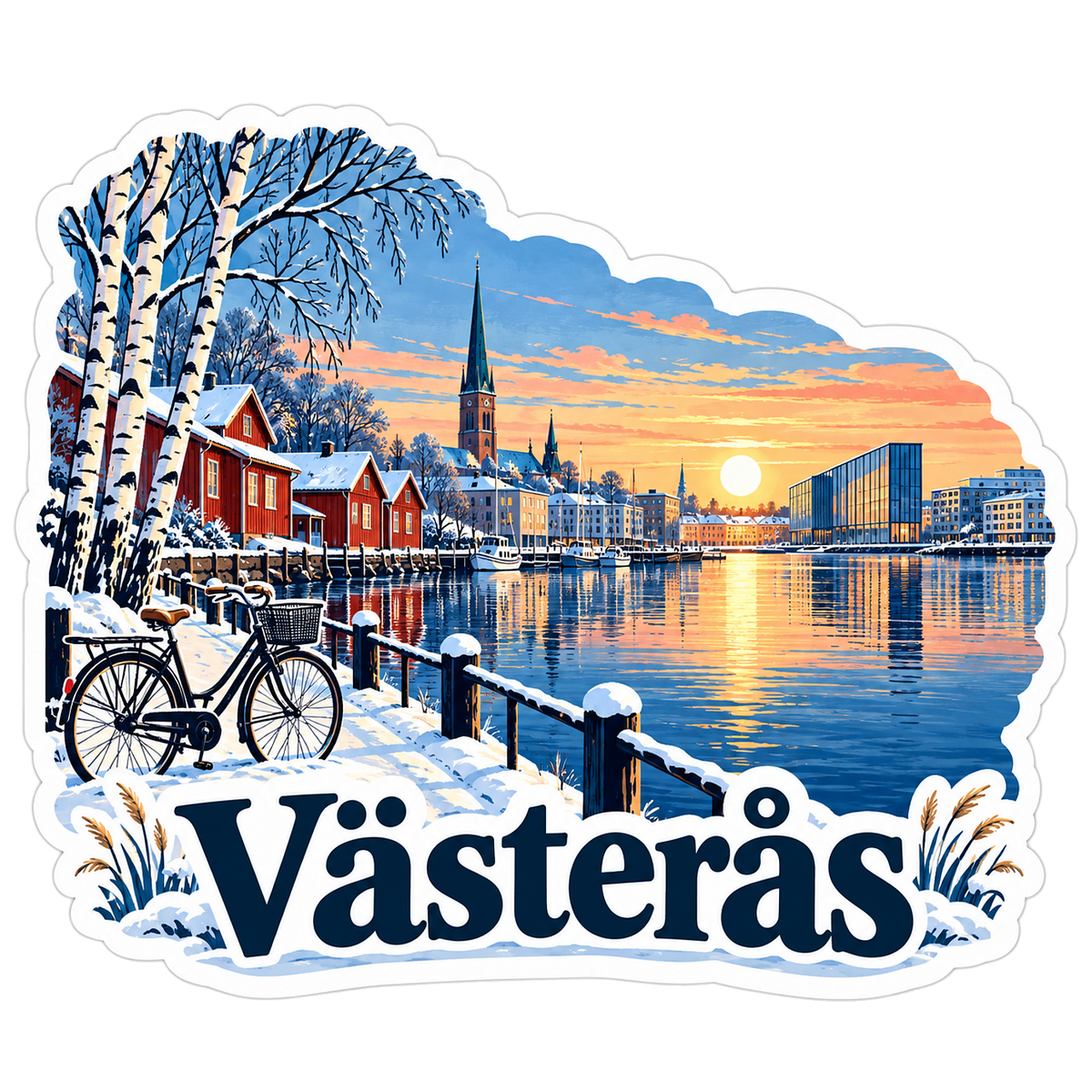 Vasteras Snowy Harbor Sunset Bicycle Scene Vinyl Decal Stickers