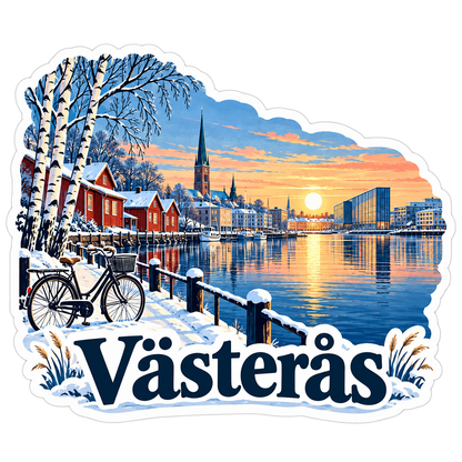 Vasteras Snowy Harbor Sunset Bicycle Scene Vinyl Decal Stickers