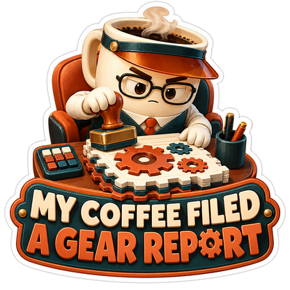 Coffee Cup Mascot Stamping Wooden Gear Report Vinyl Decal Stickers