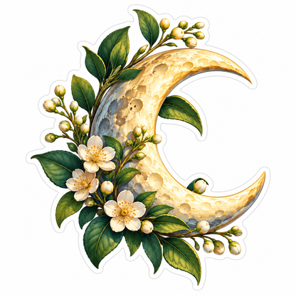 Cream Crescent Moon with White Blossoms Vinyl Decal Stickers