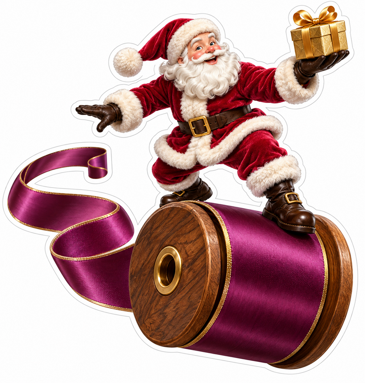 Santa Balancing on a Plum Ribbon Spool with Gift Vinyl Decal Stickers
