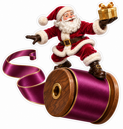 Santa Balancing on a Plum Ribbon Spool with Gift Vinyl Decal Stickers
