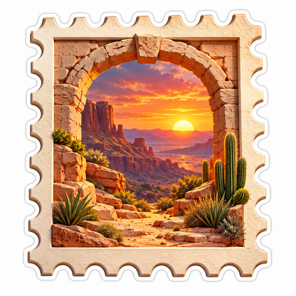 Desert Sunset Archway in Postage Stamp Frame Vinyl Decal Stickers
