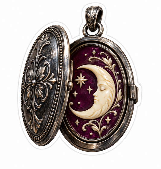 Silver Oval Locket with Moon Face and Stars Vinyl Decal Stickers