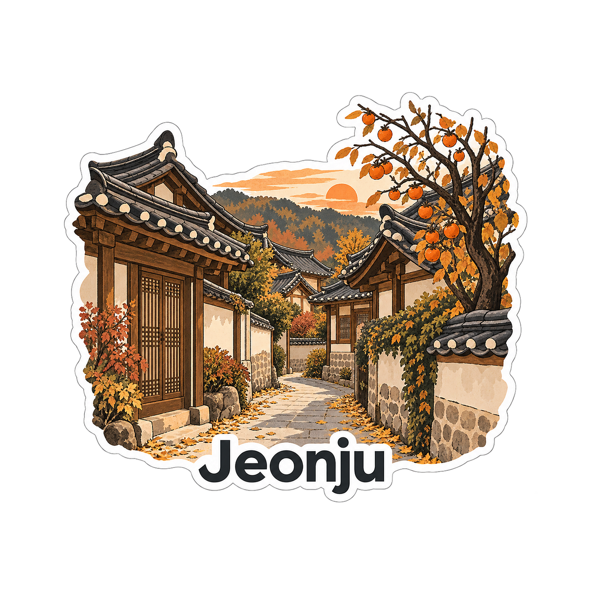Jeonju Autumn Lane with Tiled Roofs Art Vinyl Decal Stickers