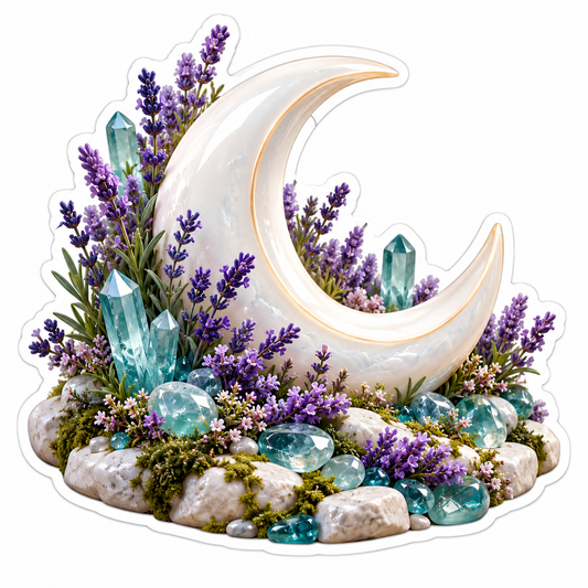 Pearl Crescent Moon with Lavender Crystals Vinyl Decal Stickers