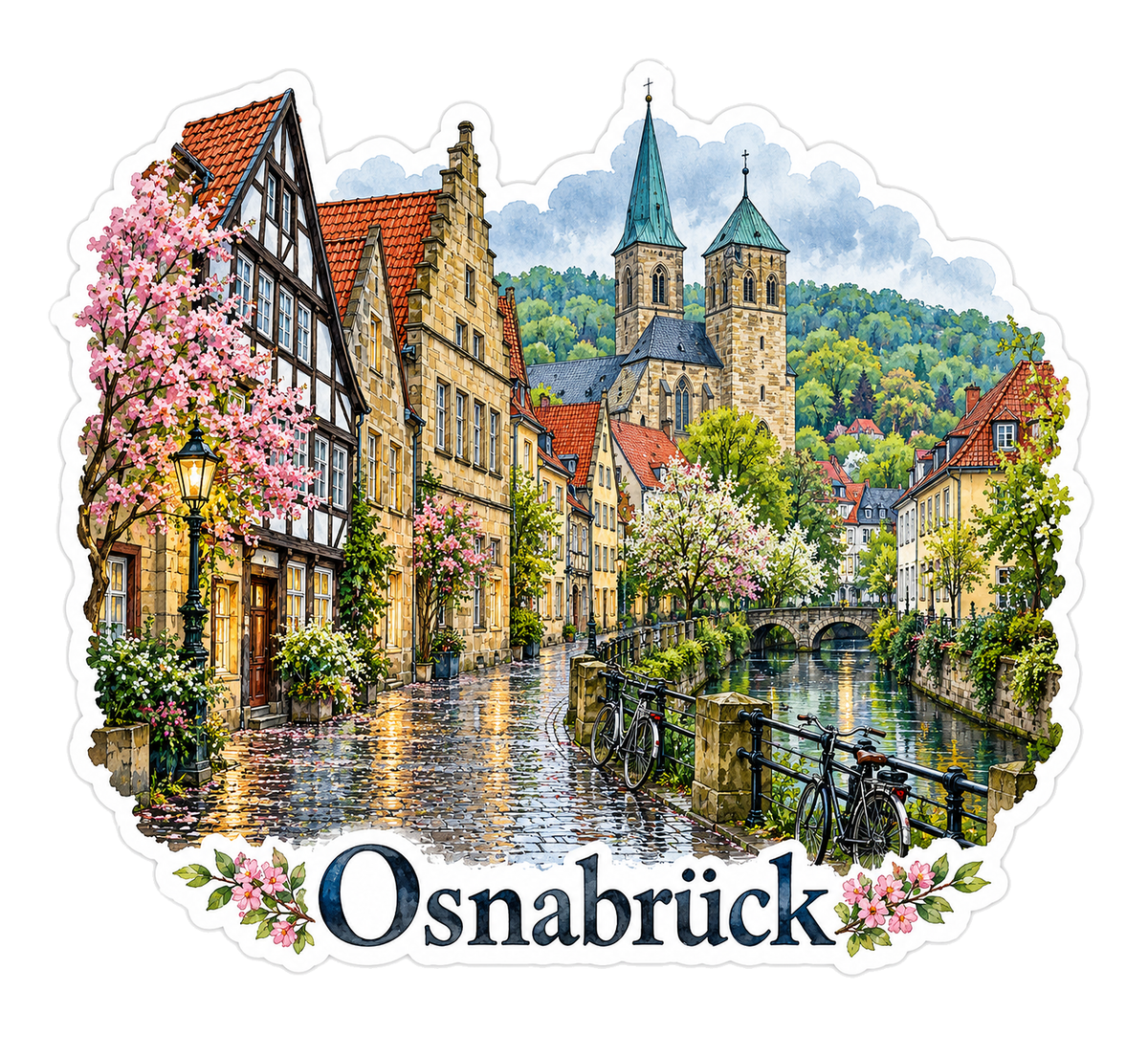 Osnabruck Rainy Old Town and Spring Blossoms Vinyl Decal Stickers