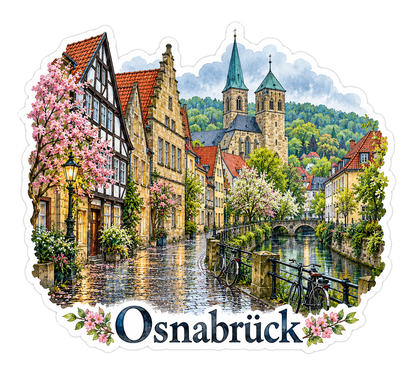 Osnabruck Rainy Old Town and Spring Blossoms Vinyl Decal Stickers