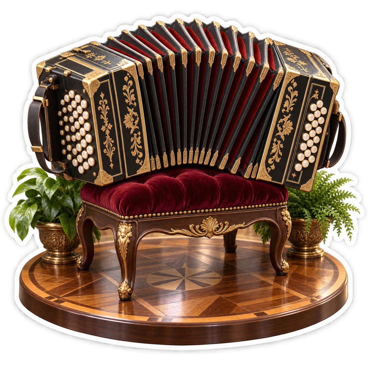 Black Gold Button Accordion on Velvet Bench Art Vinyl Decal Stickers