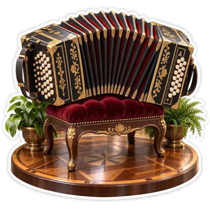 Black Gold Button Accordion on Velvet Bench Art Vinyl Decal Stickers
