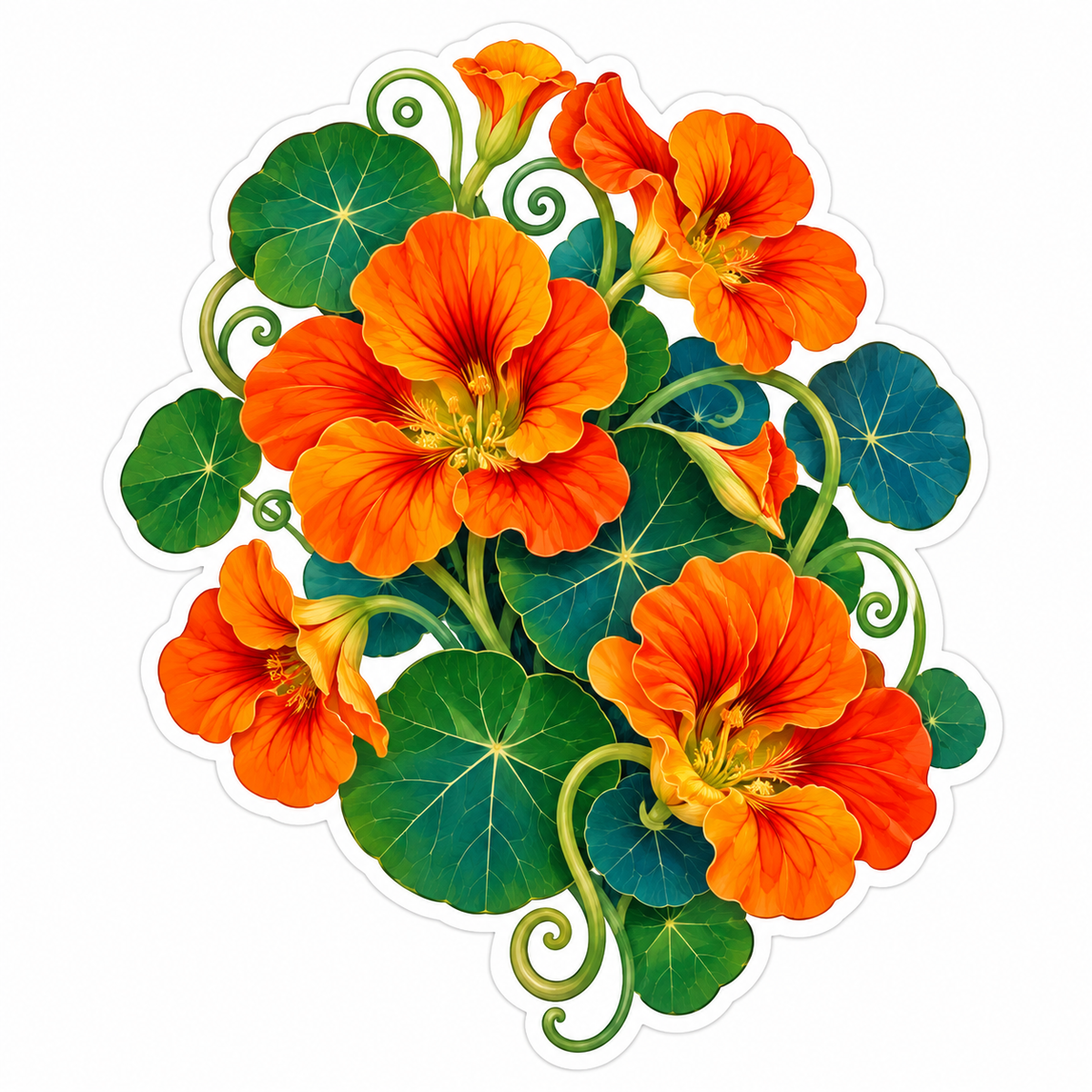 Orange Nasturtium Flowers Round Leaves Art Vinyl Decal Stickers