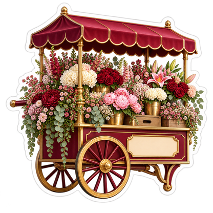 Burgundy Flower Cart With Roses and Canopy Art Vinyl Decal Stickers