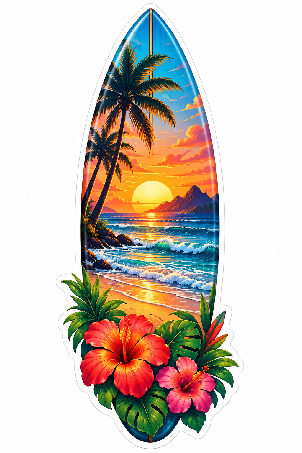 Tropical Sunset Surfboard with Hibiscus Vinyl Decal Stickers