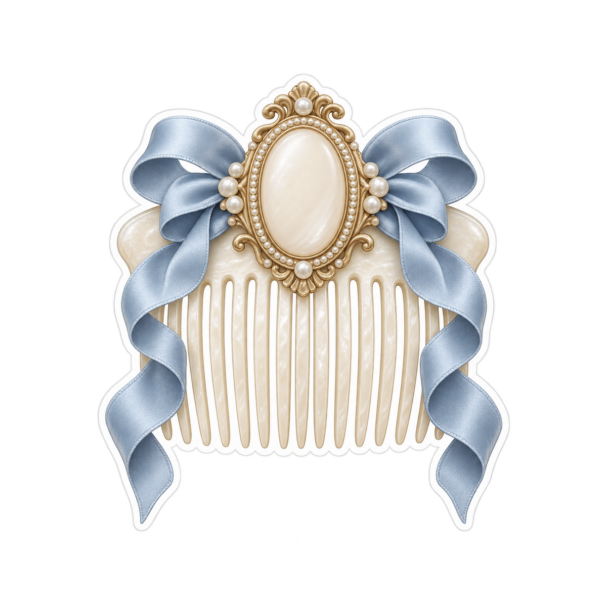 Ivory Pearl Comb with Blue Ribbons Art Vinyl Decal Stickers