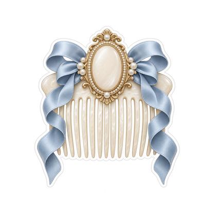 Ivory Pearl Comb with Blue Ribbons Art Vinyl Decal Stickers