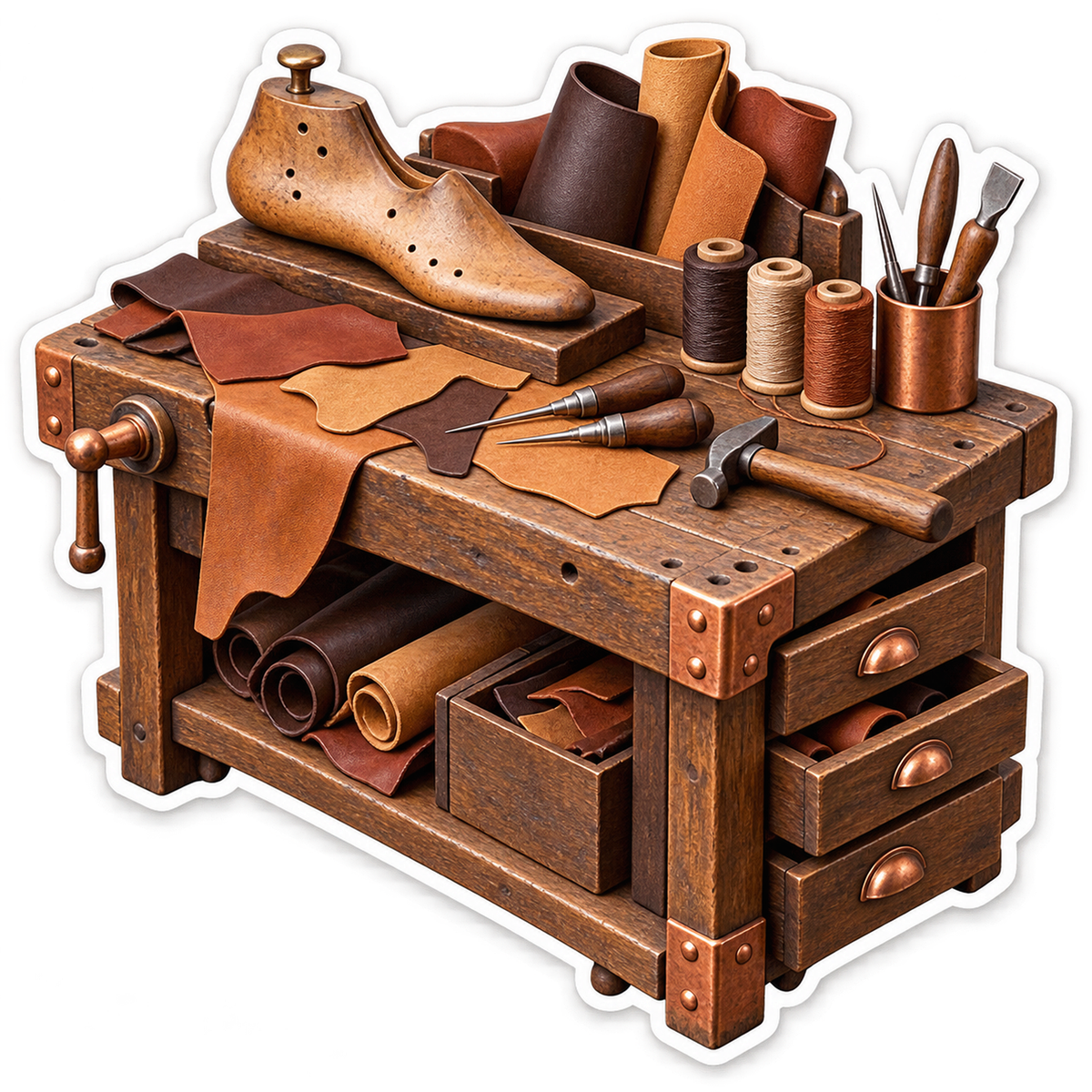 Leather Craft Bench with Wooden Shoe Form Vinyl Decal Stickers