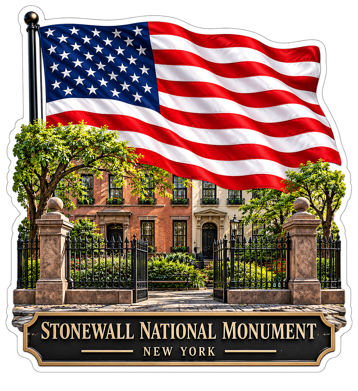 New York Brick Building with US Flag Art Vinyl Decal Stickers