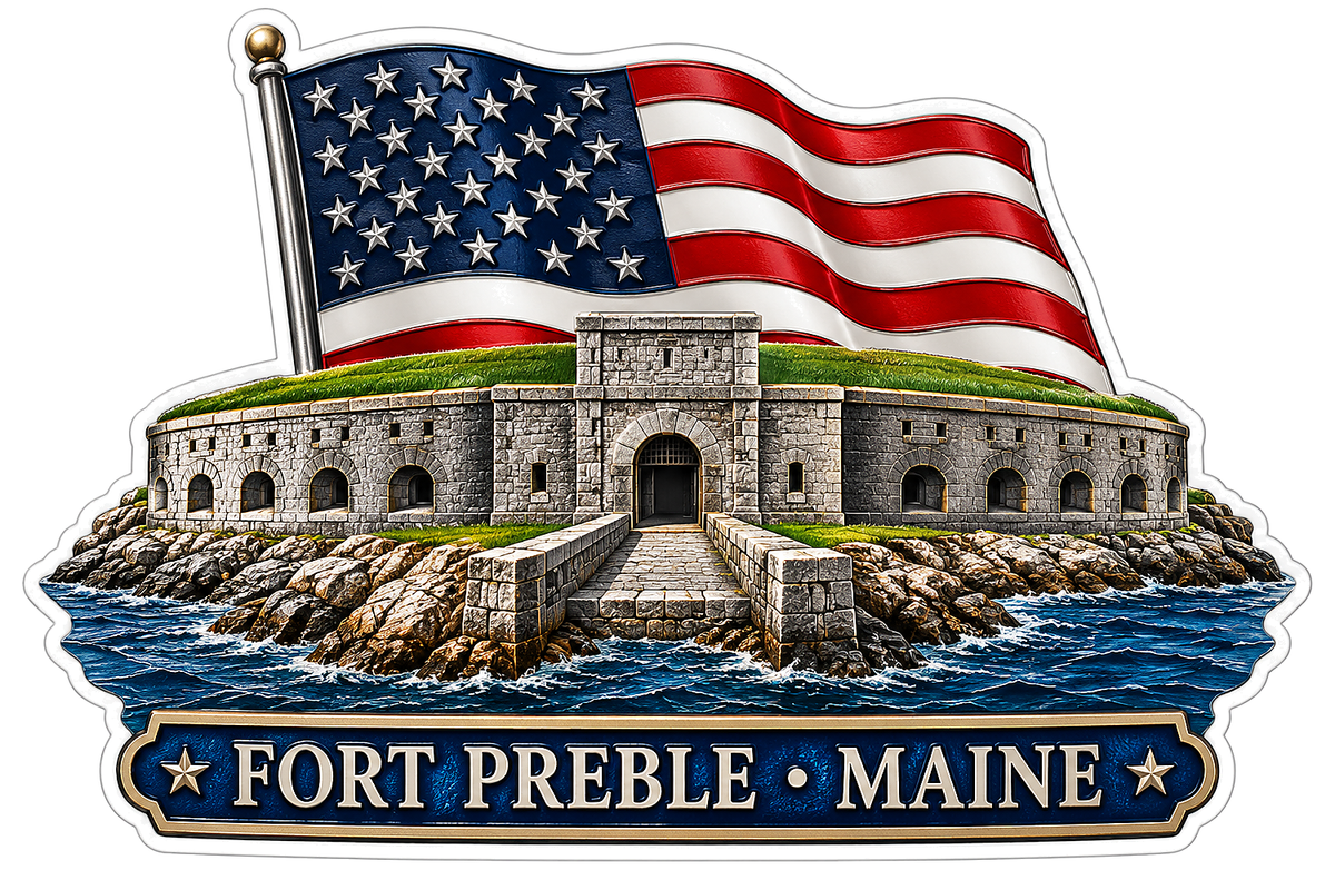Fort Preble Maine Stone Fort and Flag Vinyl Decal Stickers