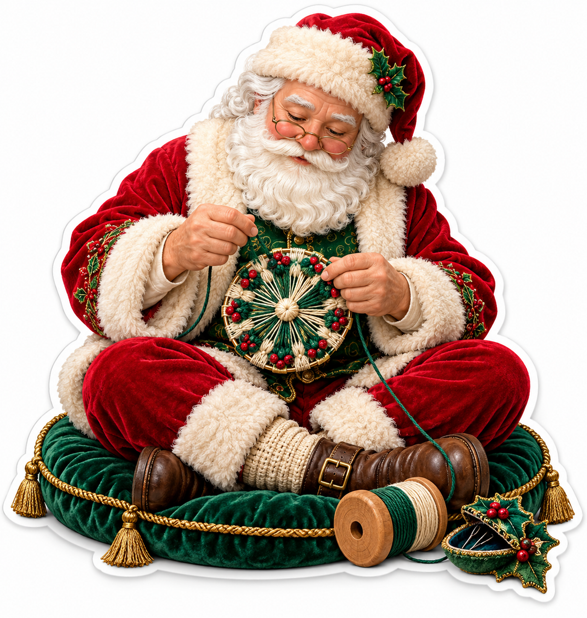 Santa Stitching a Small Green Wreath Vinyl Decal Stickers