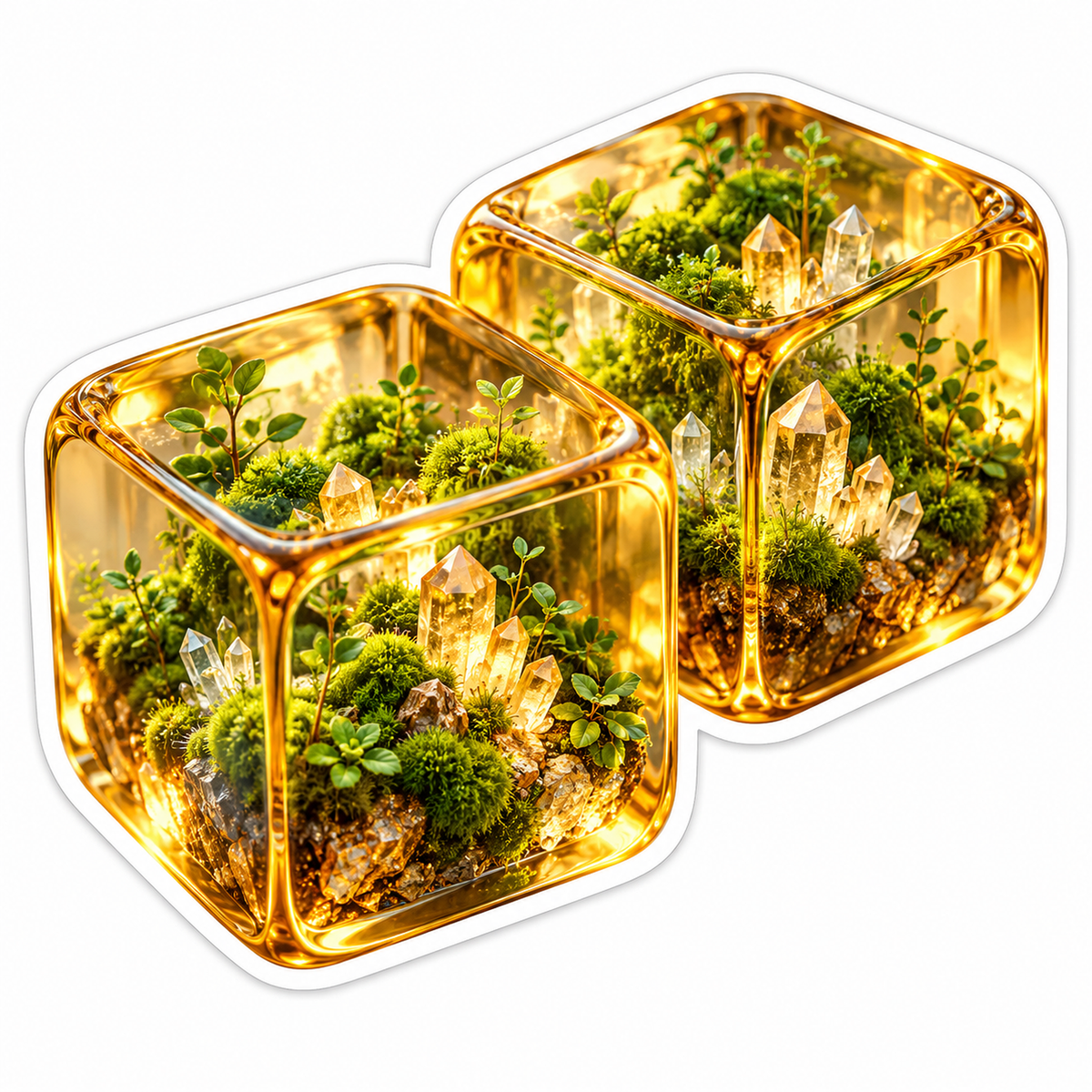 Golden Glass Cubes with Moss and Crystals Vinyl Decal Stickers