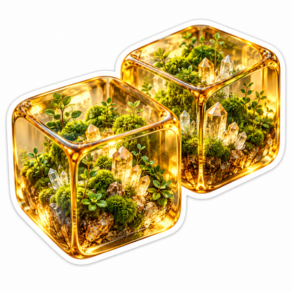 Golden Glass Cubes with Moss and Crystals Vinyl Decal Stickers