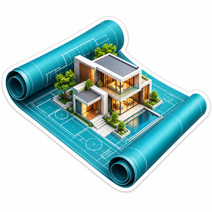 Modern Miniature House on Teal Blueprint Art Vinyl Decal Stickers