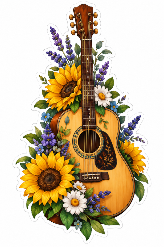 Acoustic Guitar with Sunflowers and Daisies Vinyl Decal Stickers
