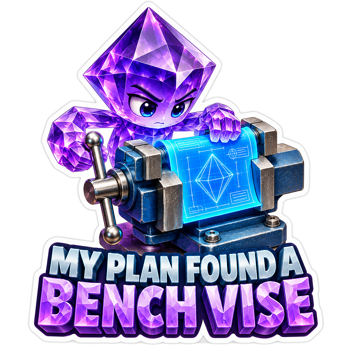 Purple Gem Mascot Holding Plan in Bench Vise Vinyl Decal Stickers