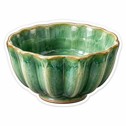 Green Fluted Ceramic Bowl with a Scalloped Rim Vinyl Decal Stickers