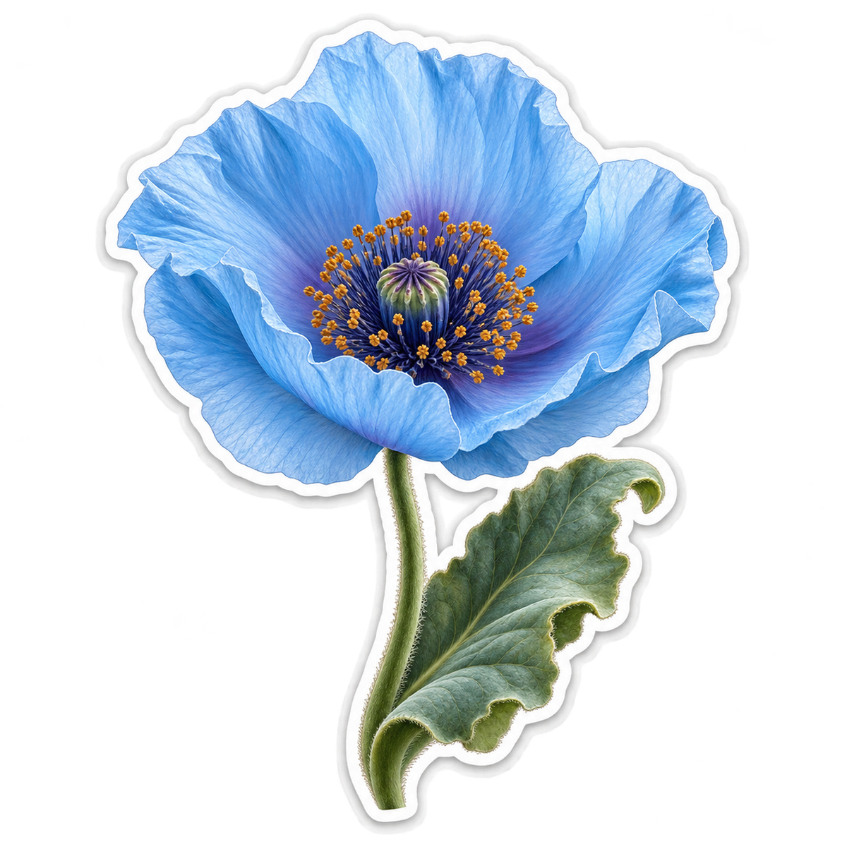 Blue Poppy with Green Leaves Art Vinyl Decal Stickers