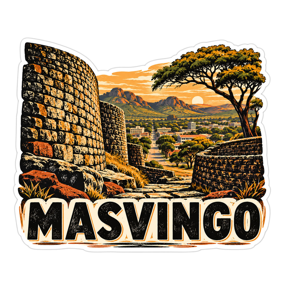 Masvingo Stone Walls Sunset Travel Art Vinyl Decal Stickers
