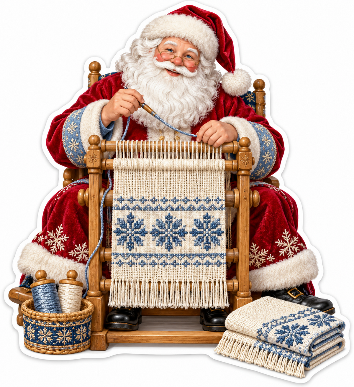 Santa Weaving a Cream and Blue Snowflake Cloth Vinyl Decal Stickers
