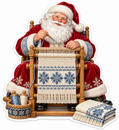 Santa Weaving a Cream and Blue Snowflake Cloth Vinyl Decal Stickers