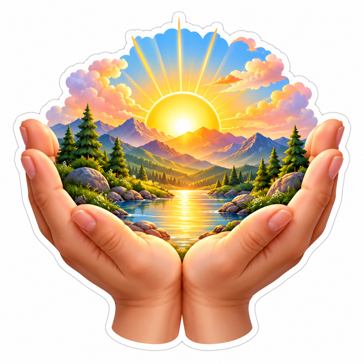 Hands Holding Golden Mountain Sunrise Vinyl Decal Stickers