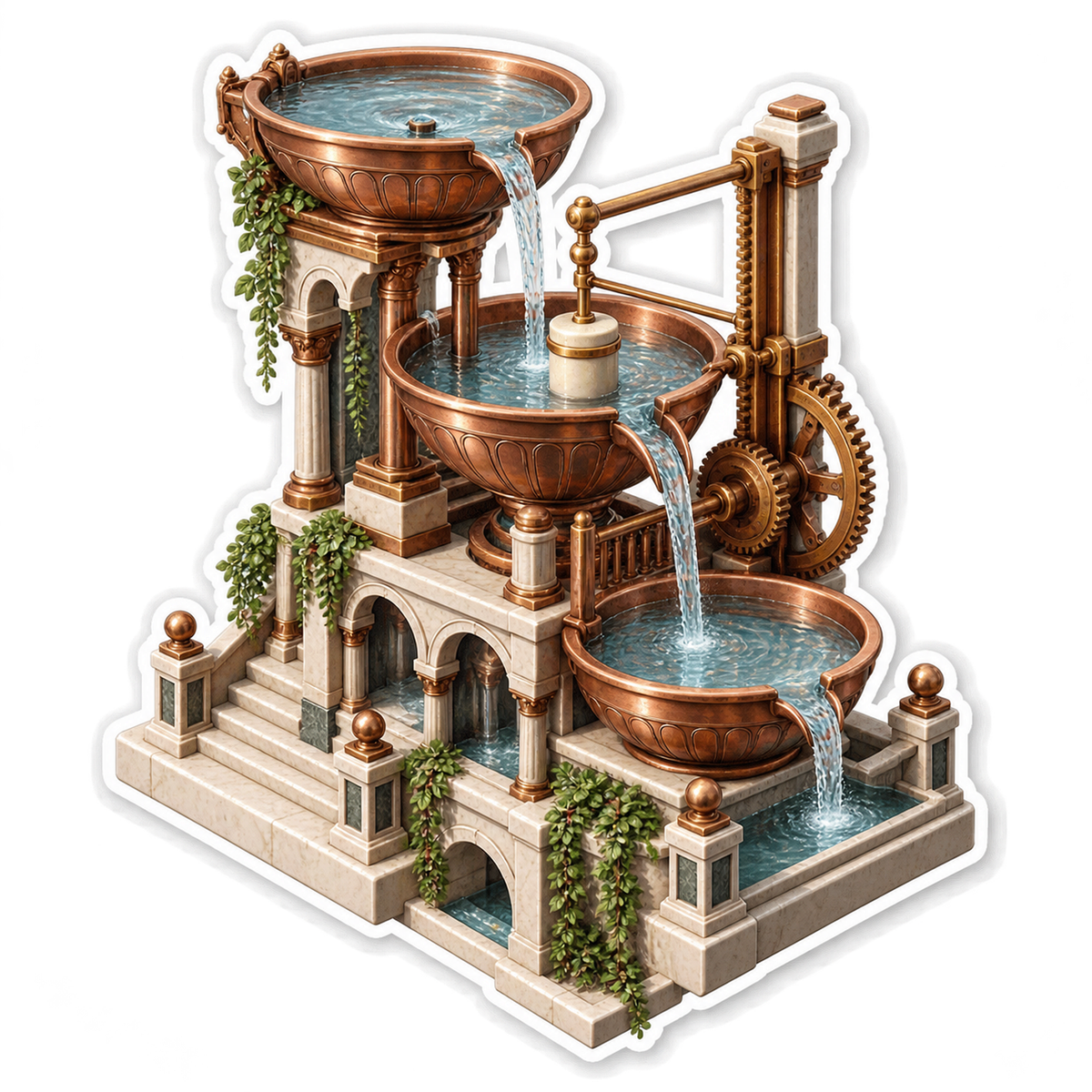 Copper Water Clock With Cascading Bowls Art Vinyl Decal Stickers