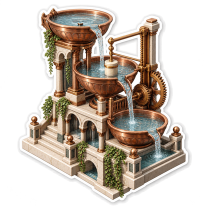 Copper Water Clock With Cascading Bowls Art Vinyl Decal Stickers