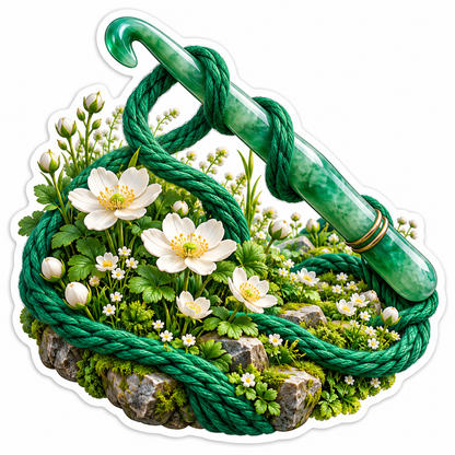 Green Crochet Hook in White Flower Garden Art Vinyl Decal Stickers