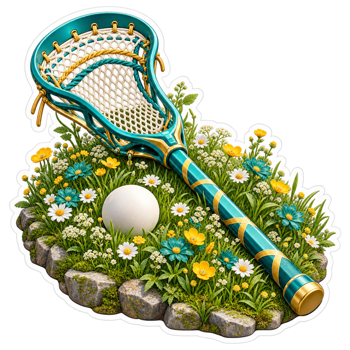 Teal Lacrosse Stick and Ball among Daisies Vinyl Decal Stickers