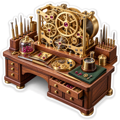 Golden Clockwork Gears on Wooden Workbench Vinyl Decal Stickers