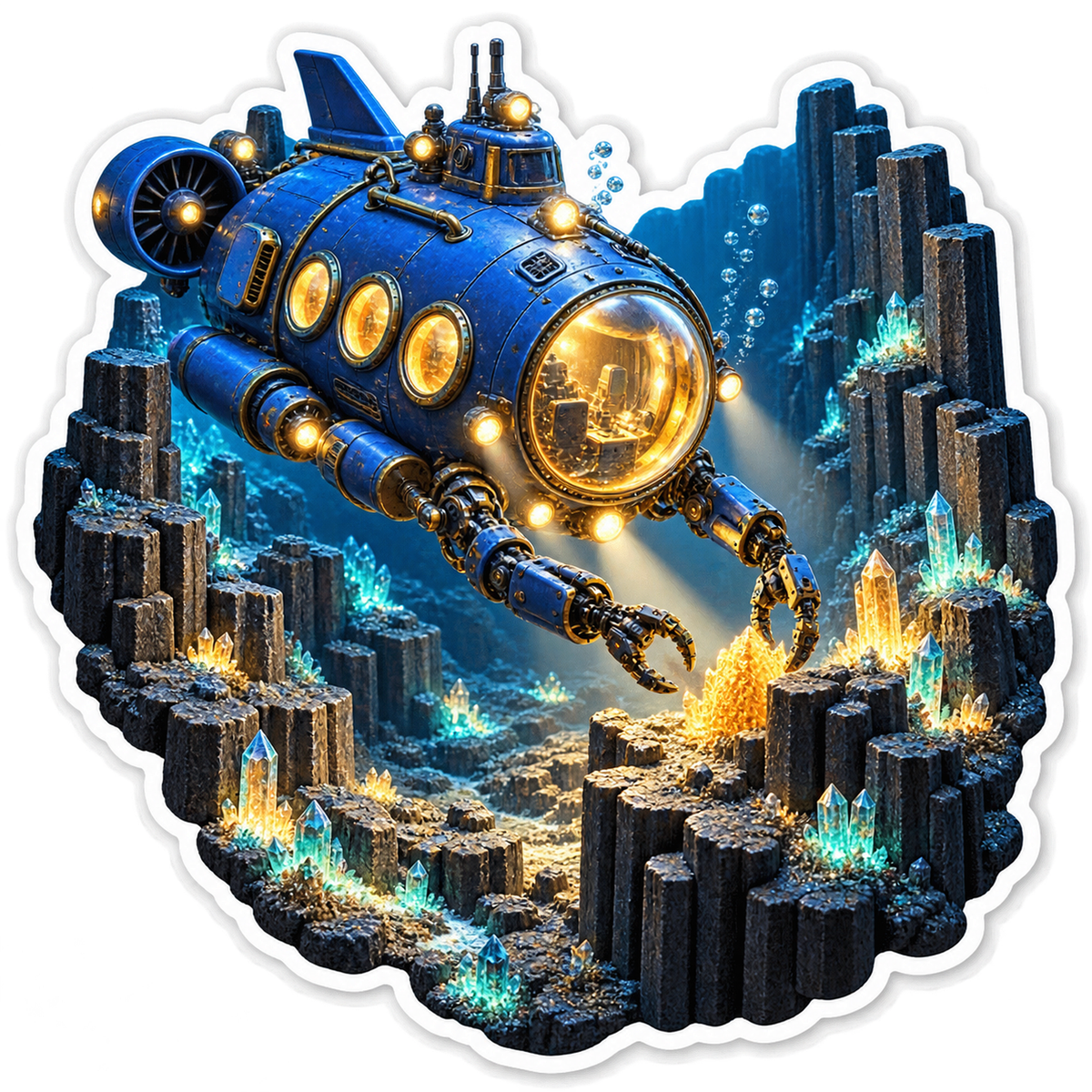 Blue Submarine above Underwater Rock Columns Vinyl Decal Stickers