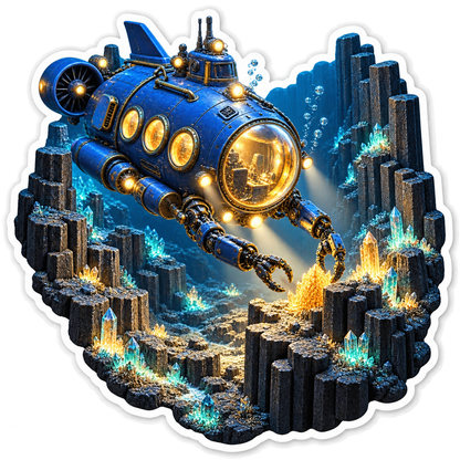 Blue Submarine above Underwater Rock Columns Vinyl Decal Stickers