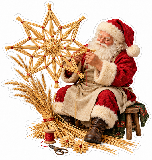 Santa Tying a Large Open Straw Star on a Stool Vinyl Decal Stickers