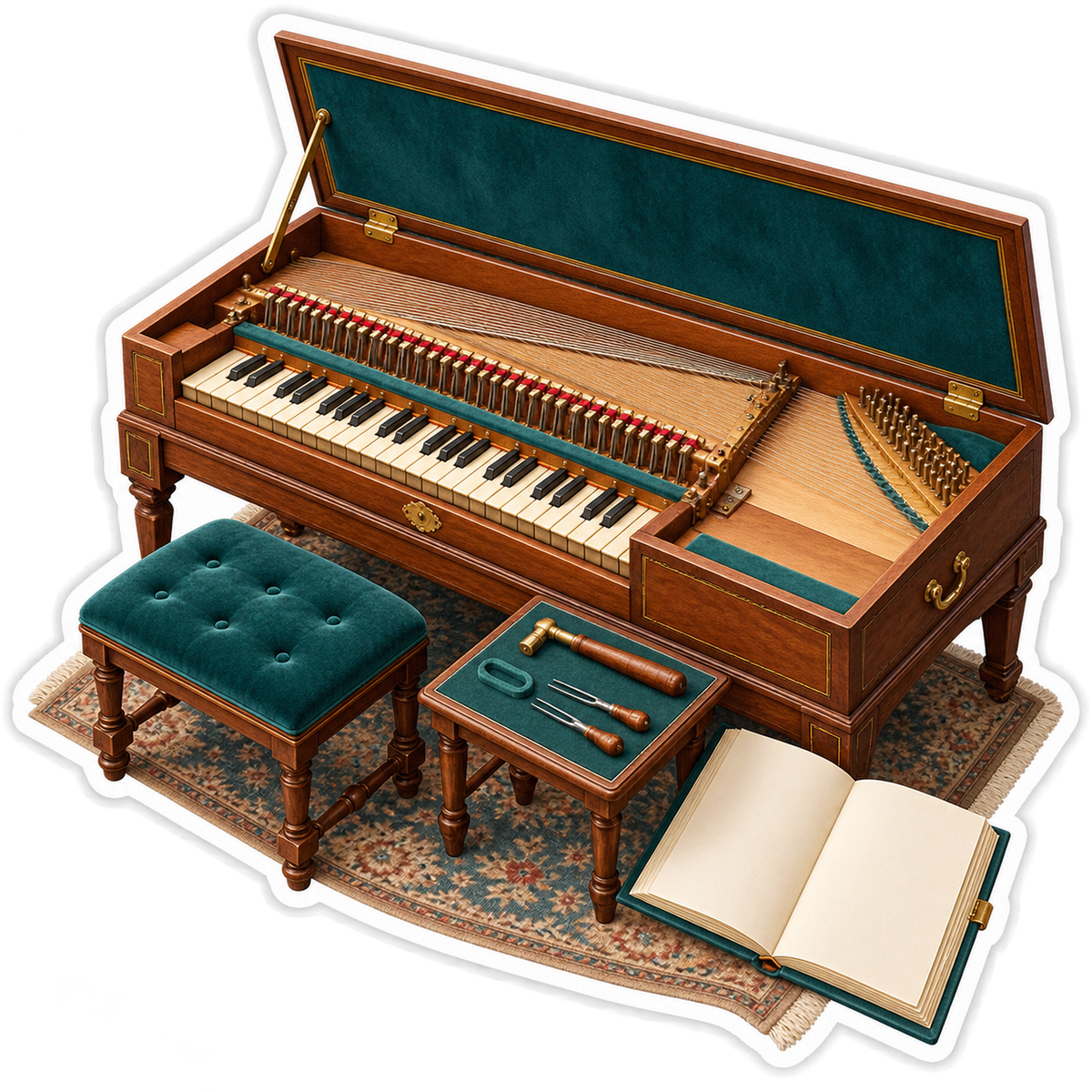 Wooden Keyboard Instrument With Teal Bench Art Vinyl Decal Stickers