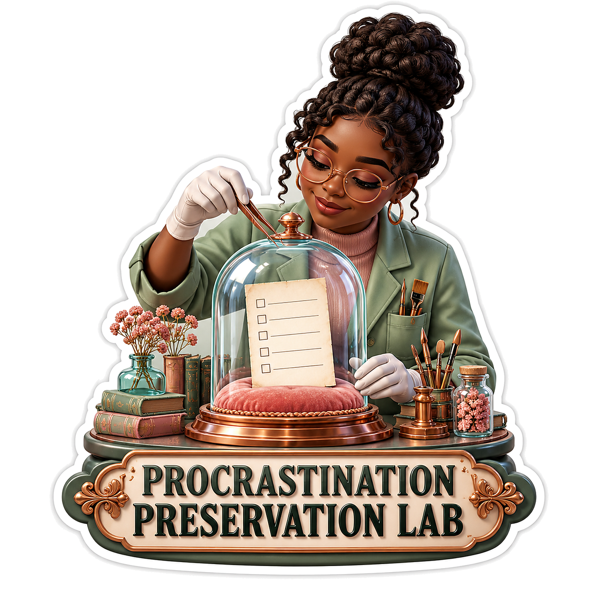 Woman Placing Checklist beneath Glass Dome Vinyl Decal Stickers